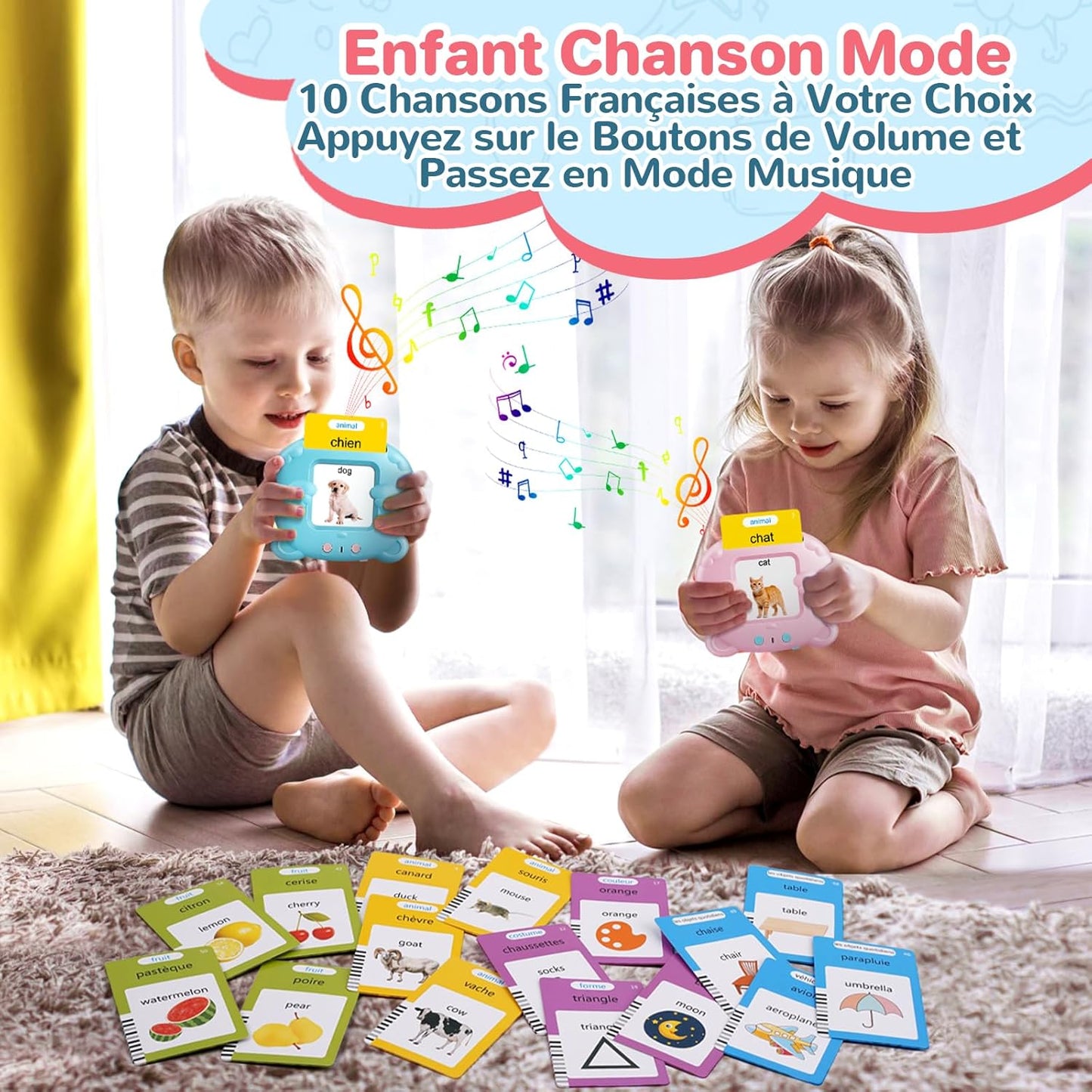 Cartes Flash Parlantes (Français Standard), Carte éducatif Jouet Pour Enfants de 2 à 6 Ans, Carte Apprentissage Mot Bébé, 3 Mode de Langue-Français/Anglais/Bilingue (Rose)