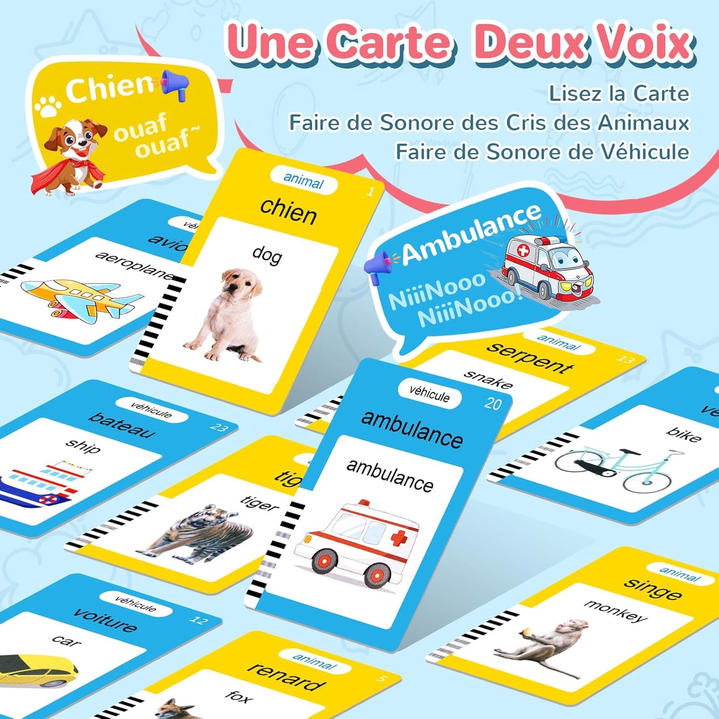 Cartes Flash Parlantes (Français Standard), Carte éducatif Jouet Pour Enfants de 2 à 6 Ans, Carte Apprentissage Mot Bébé, 3 Mode de Langue-Français/Anglais/Bilingue (Rose)