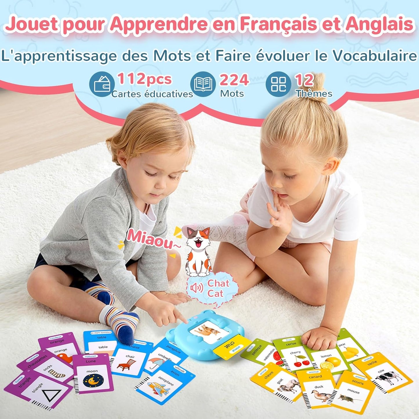 Carte Flash Parlante Francais, Carte Educative Francais, Carte Parlante Montessori Francais Pour Enfant, Jouets Educatifs Pour Apprendre a Parler, Apprendre 224 Mots, Français/Anglais/Bilingue