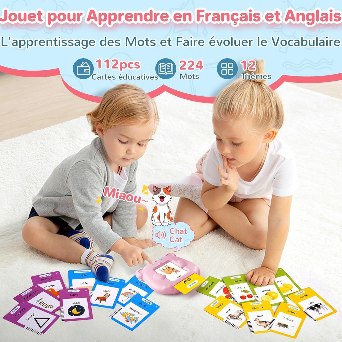 Cartes Flash Parlantes (Français Standard), Carte éducatif Jouet Pour Enfants de 2 à 6 Ans, Carte Apprentissage Mot Bébé, 3 Mode de Langue-Français/Anglais/Bilingue (Rose)