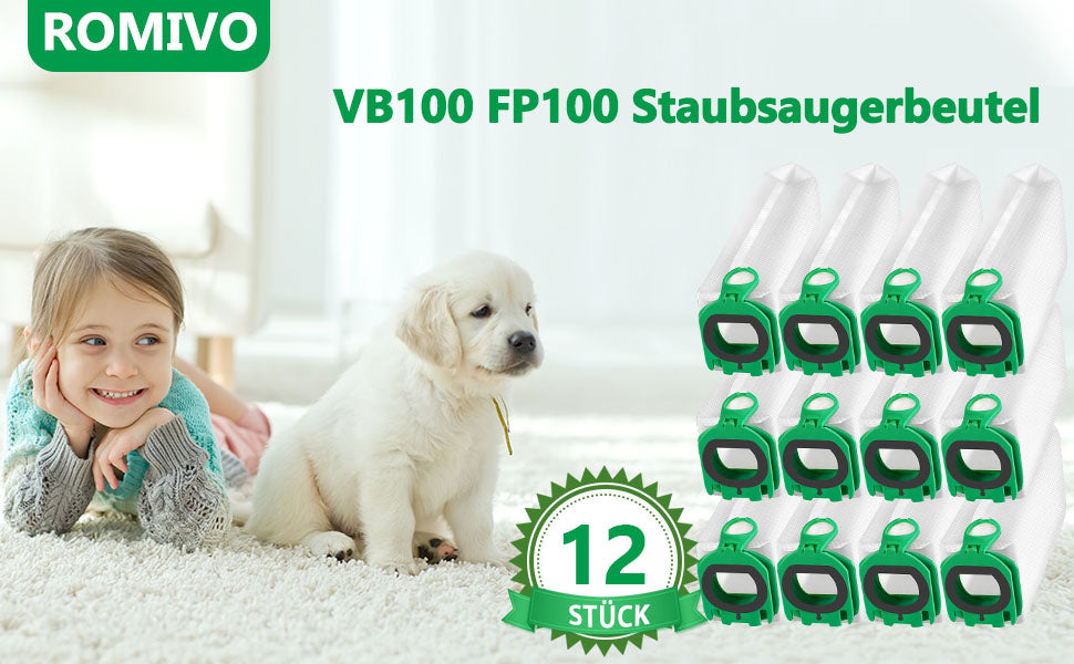 ROMIVO Pack of 12 Vacuum Cleaner Bags Compatible with Vorwerk Kobold VB100 FP100 VB 100 FP 100, Premium Filter Bags Replacement Dust Bags for Kobold VB100 Vacuum Cleaner Bags