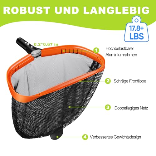Pool Kescher, Professionelles Poolkescher aus Metall, Doppelschichtiger Tiefenkescher mit Aluminiumrahmen, Feinmaschig für Tiefes Netz zum Reinigen von Schwimmbadblättern, Insekten, Schlamm