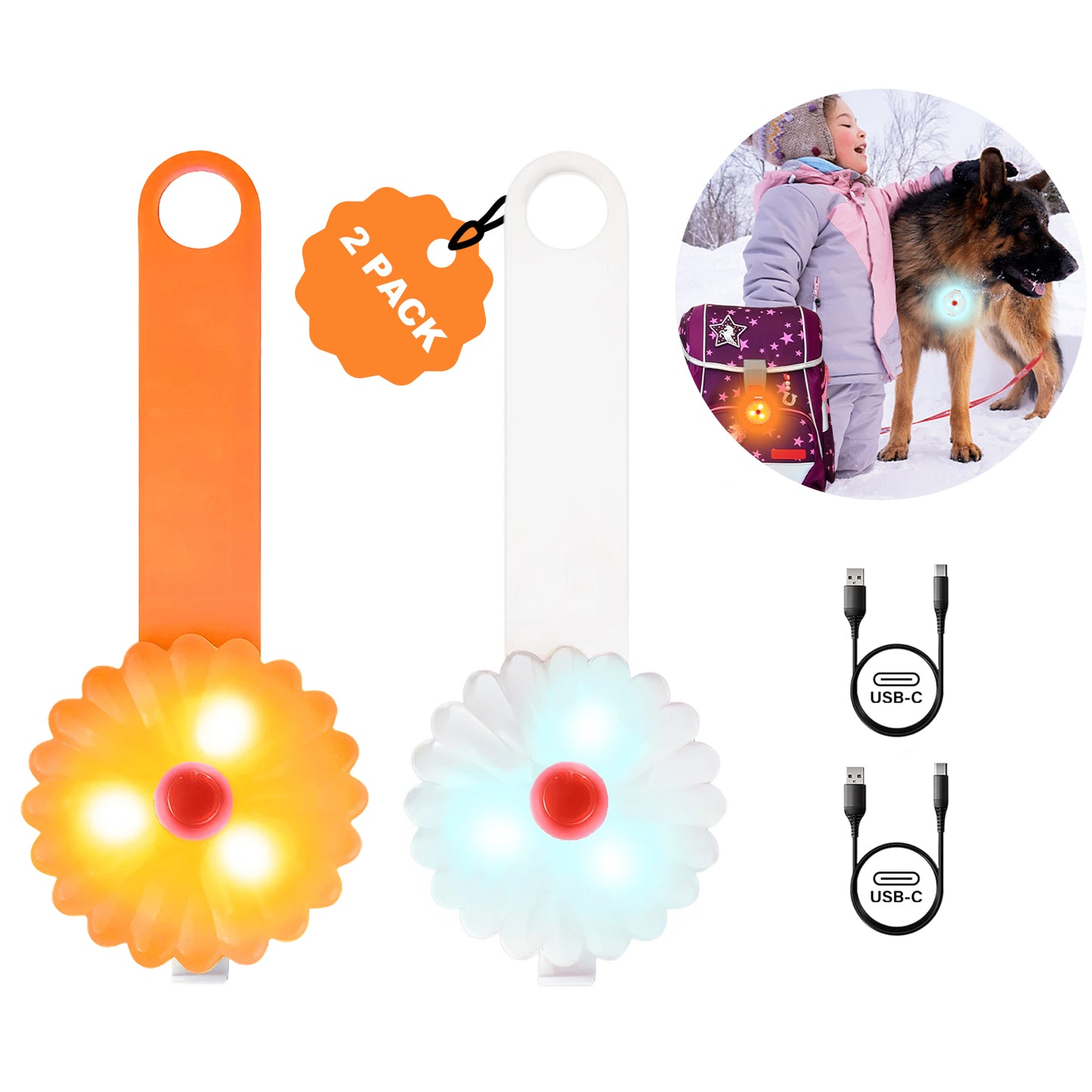 AHJ Hundelicht, 2 Stück Blinklicht Schulranzen Kinder, Sicherheits LED Blinklicht für Hunde - Katzen, USB-C Wiederaufladbar LED Licht Leuchthalsband Hund, licht für Jogger - Walker - Fahrradfahrer