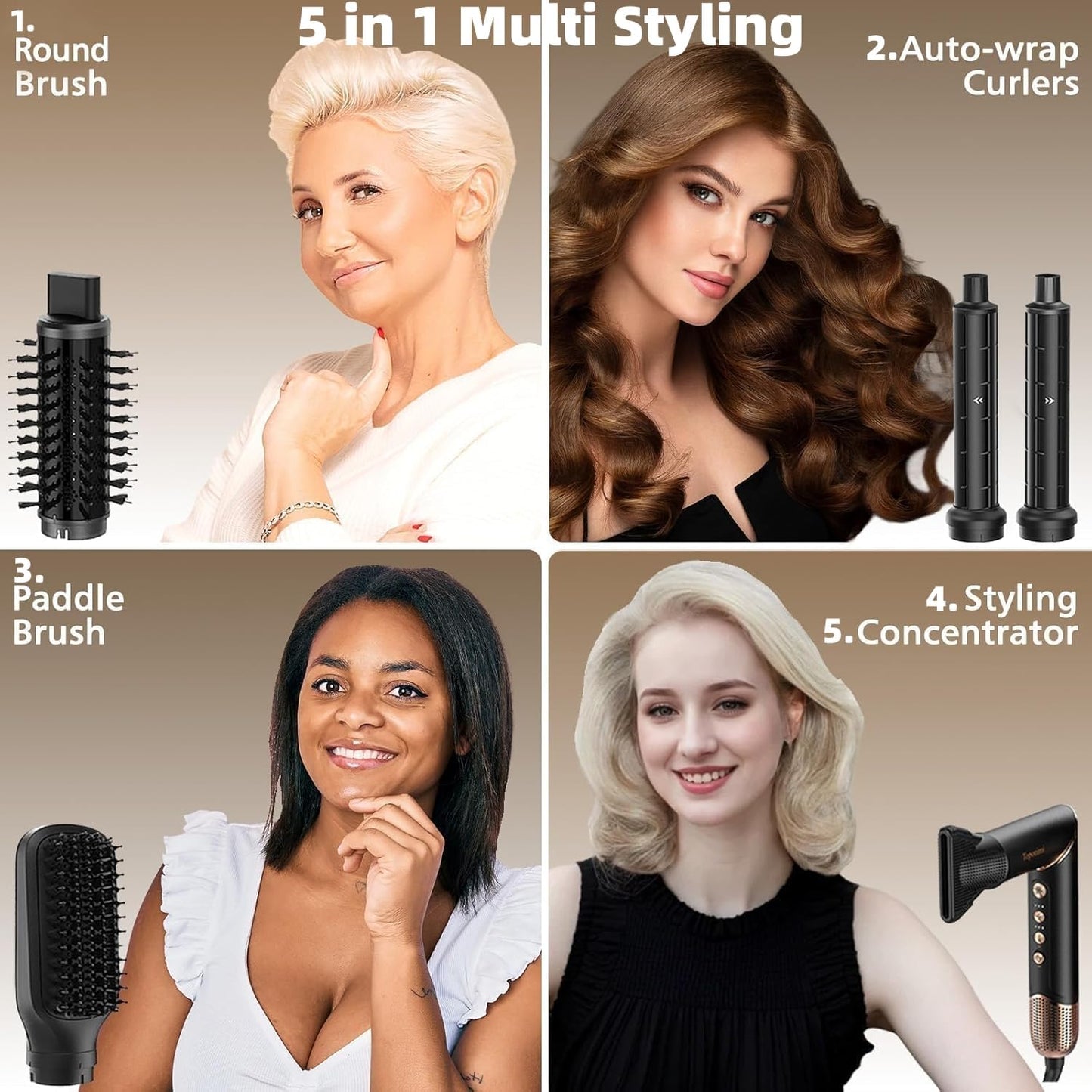 Auto Airwrap Hair Styler & Dryer, 5 in 1 Multi Styling Hot Air Dryer Brush Curler for Hair, High Speed 110000 RPM Negative Lonic Frizz-Free, Fast Drying Curling Volumizing Straightening Magic Styler