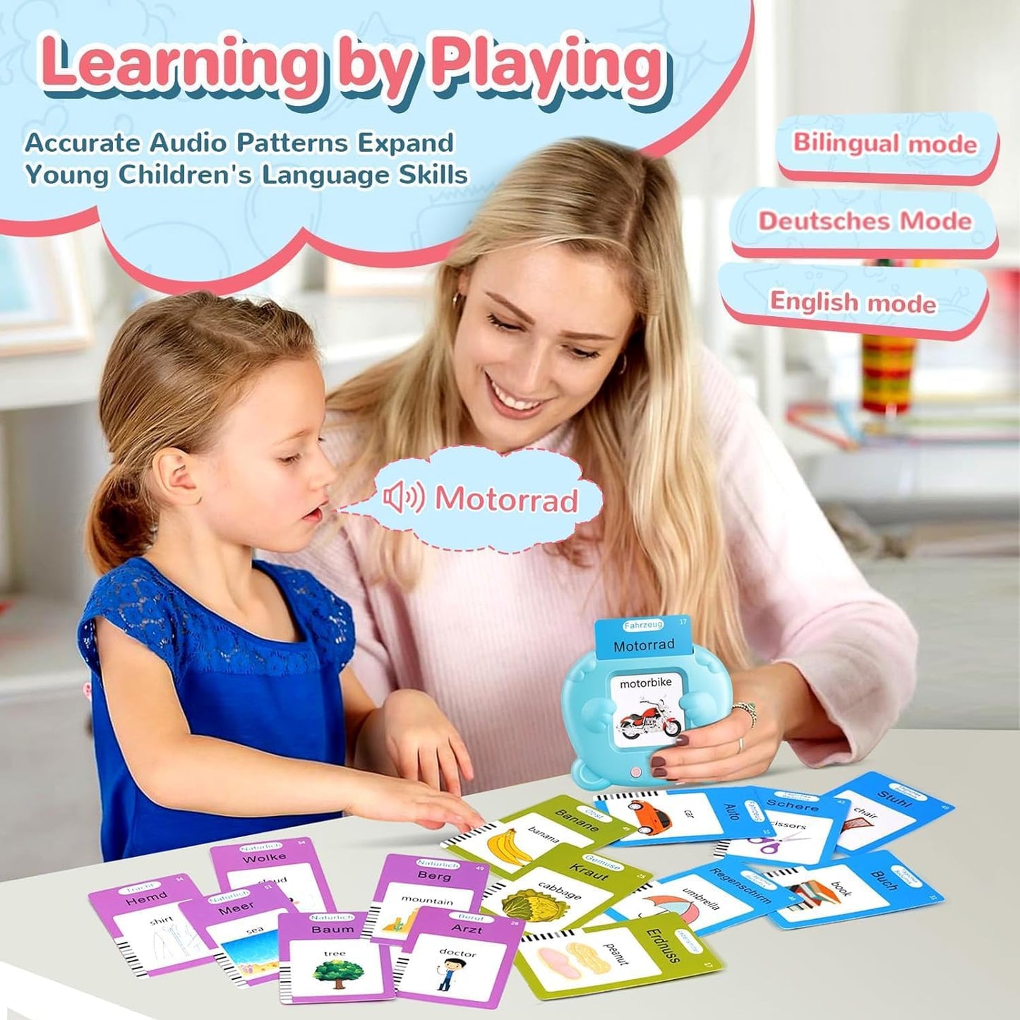 German & English Talking Flash Cards for Toddler 1-6 Year Olds, Learning Montessori Toys with 224 Sight Words, Speech Therapy Toys, Children's Sensory Preschool Learning Educational Birthday Gifts