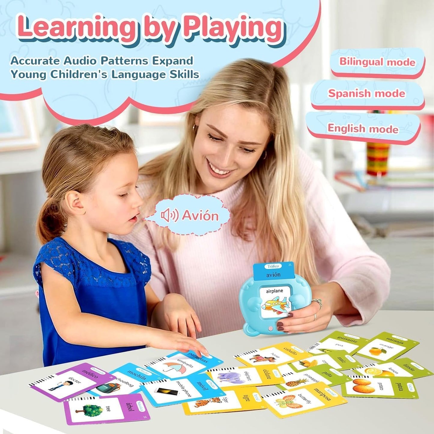 Spanish & English Talking Flash Cards for Toddler 1-6 Year Olds, Bilingual Flash Cards Learning Montessori Toys with 224 Sight Words, Speech Therapy Toys for Children Sensory Preschool Education Gifts